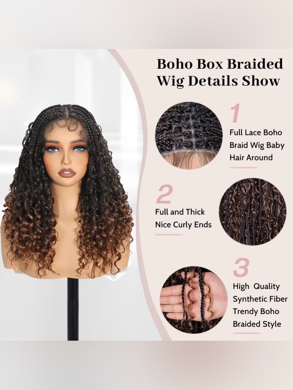 Synthetic Natural Black to Brown Ombre Braided Curly Wig Full Lace Cap #214 - Picture 16 of 16